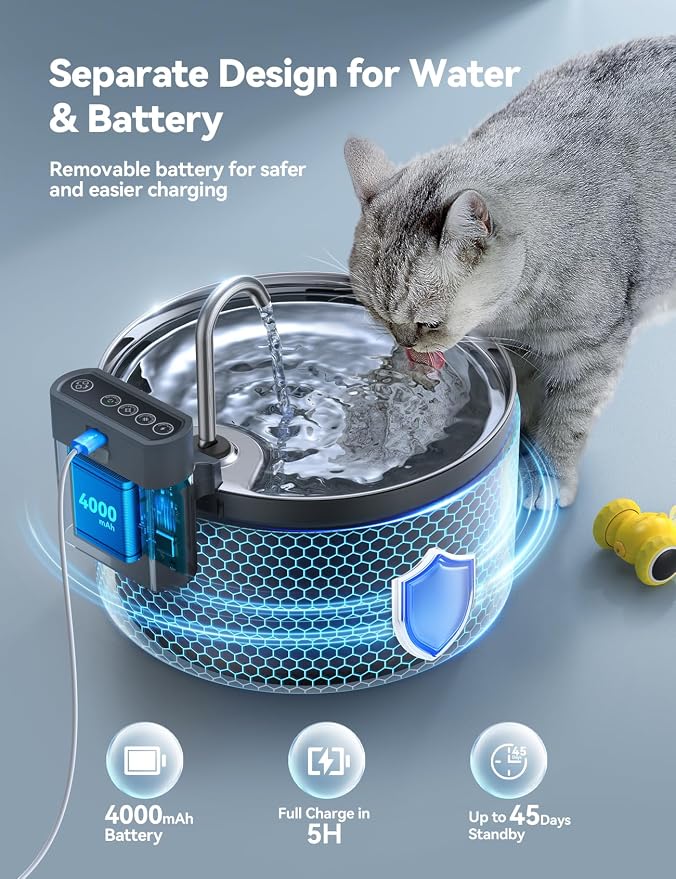 Wireless Cat Water Fountain [Water & Battery Separation] FEELNEEDY 4000mAh Battery Operated Cat Fountain, Cordless Pet Fountain with Motion Sensor for Cats Dogs-3.5L/118oz - Image 6