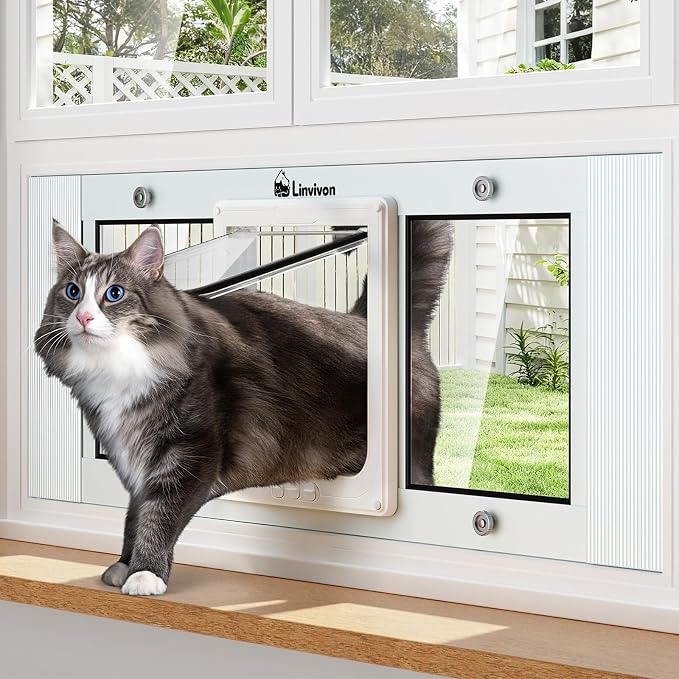 Adjustable Cat Door for Window, 31"-36" Quick Install | 4 Locking Modes Keeps Pets in/Out, Window Insert Design, Magnetic Closure, Weatherproof Aluminum Frame, Durable & Safe by Linvivon