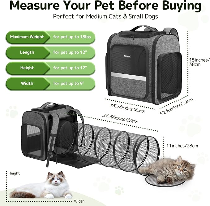 Pawtners Cat Backpack with Play Tunnel, Design for Carrying Playing Grey | Expandable, Foldable, Breathable, Large Space, Durable, Perfect for Cat Small Dog, Travel Hiking Camping Walking Car - Image 4