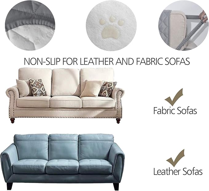 Ameritex Couch Sofa Slipcover 100% Waterproof Nonslip Quilted Furniture Protector Slipcover for Dogs, Children, Pets Sofa Slipcover Machine Washable (Light Grey, 68'') - Image 3
