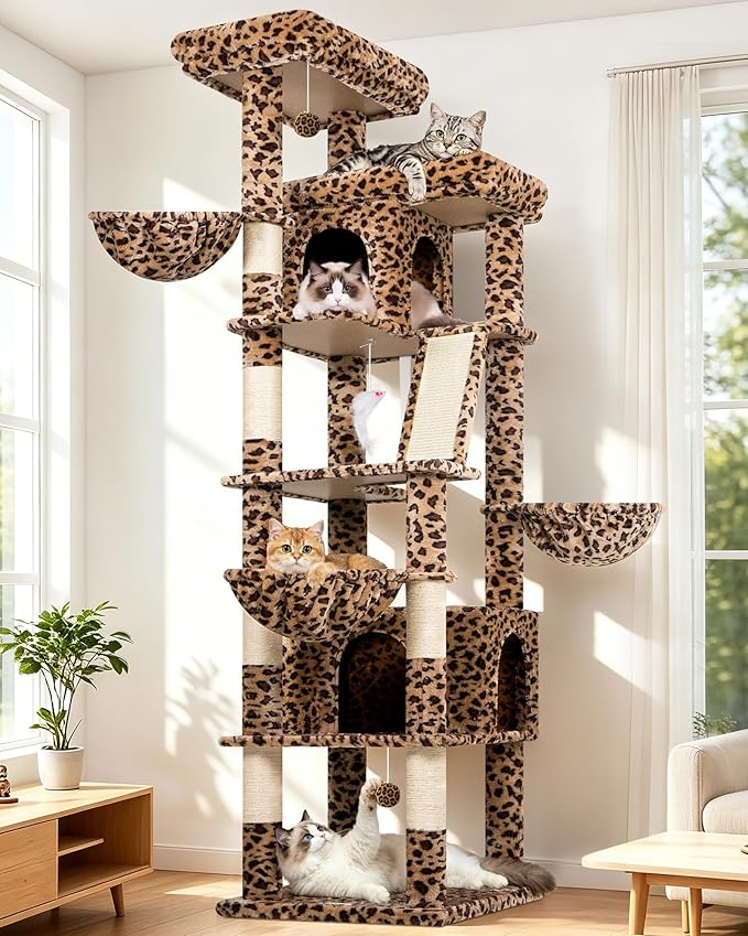 Globlazer 80in Extra Large Leopard Cat Tree Tower S80G, Leopard Print | Multi-Level Cat Condo For Multiple Indoor Cats Large Adult Kittens, Scratching Posts, Widened Perches, Adjustable Baskets by Globlazer