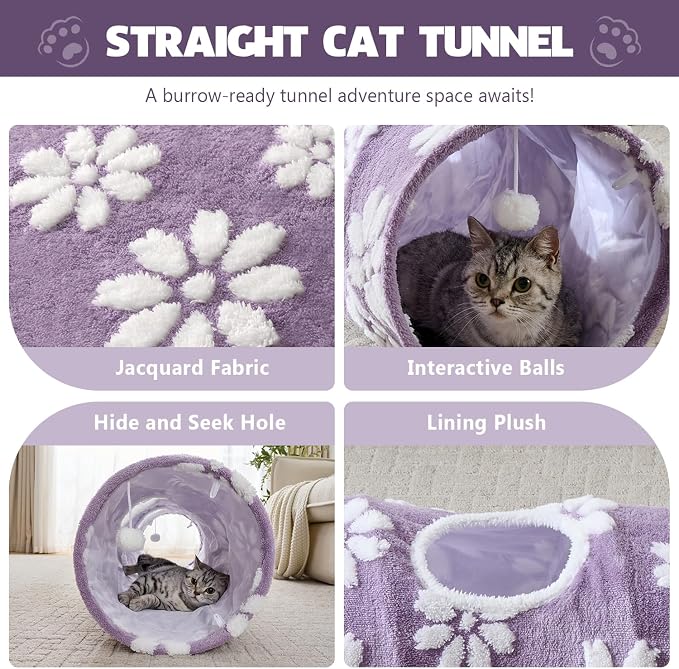 Straight Cat Tunnel for Indoor Cats 47"x12", Purple Flower | Cute Cat Toys, Collapsible Tunnel Tube with Hanging Balls for Puppy Kitten Rabbit - Image 2
