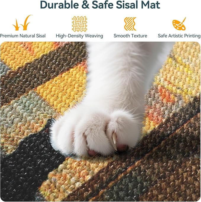 3-in-1 Sisal Cat Scratcher Mat 23.6x15.7 – Durable Scratch Rug for Floor & Wall with Sticker Tape, Protects Couch, Carpet & Furniture, Anti-Slip, Pet-Safe for Indoor/Outdoor Cats, Golden Afterglow - Image 2