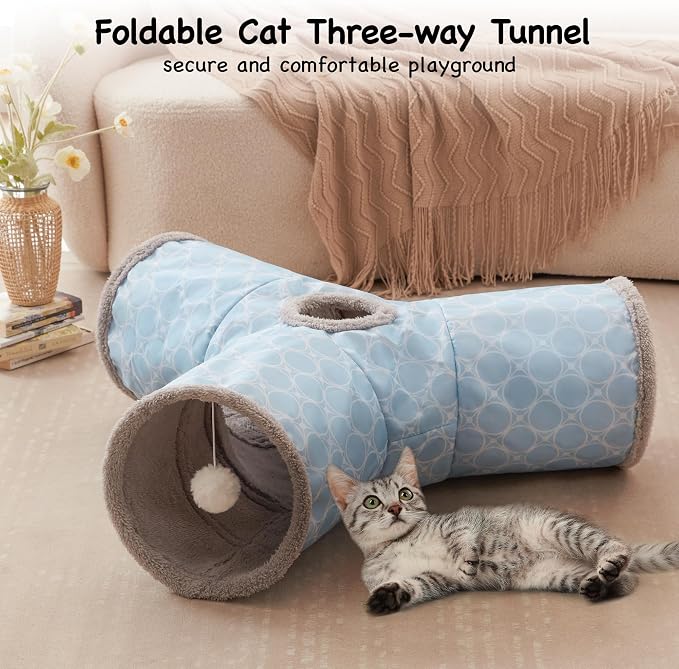 Tempcore Cat Tunnel for Indoor Cats, 3 Way Collapsible Pet Play Tunnel with Teaser Wand, Peek Holes & Hanging Ball, Interactive Tube for Kittens & Rabbits, Geometry Blue - Image 3