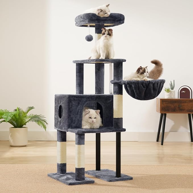 Heybly Cat Tree with Toy, 49.2 inch Cat Tower for Indoor Cats HCT200SG | Spacious Cat House Condo with Hidden Space，Soft Plush Top Perch，Cozy Hammock and Sisal Scratching Posts, Smoky Gray - Image 4