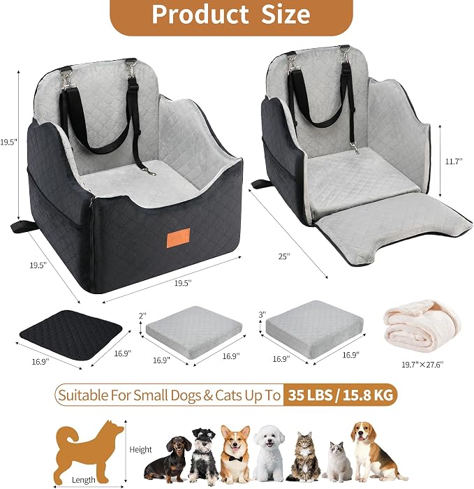 XEEP Dog Car Seat Bed for Small/Medium Dogs Up to 35 lbs, Memory Foam | 2-in-1 Design, Includes Blanket & Urine Pad, 2 Height-Adjust Cushions, Two Safety Tethers, Machine Washable Cover(Black/Grey) - Image 8