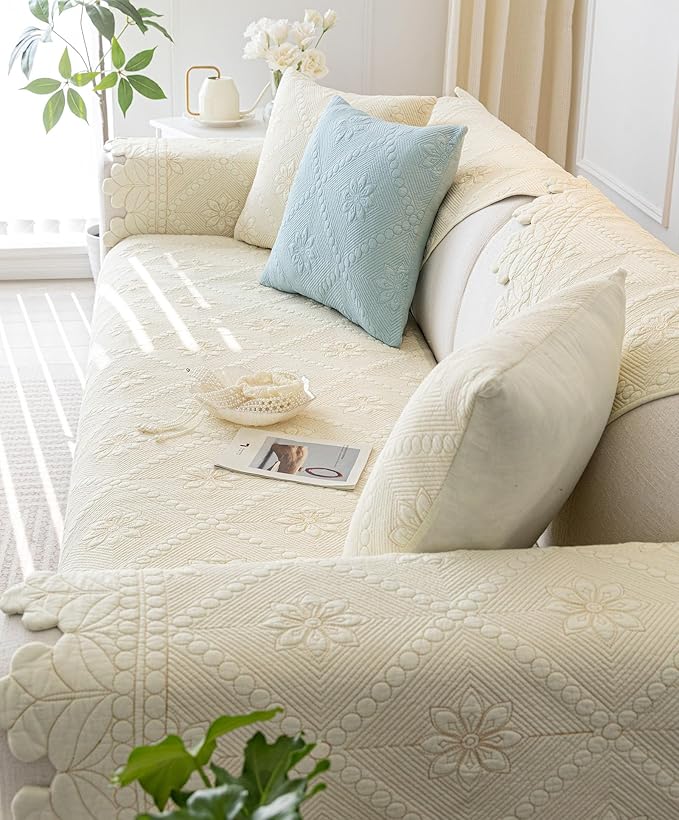 Cotton Quilted Dog Couch Cover for Sofa Farmhouse Rustic Embroidery Sectional Couch Cover Soft Anti-Slip Sofa Slipcover Furniture Protector for Kids, Pets (Ivory,36"x63") - Image 6