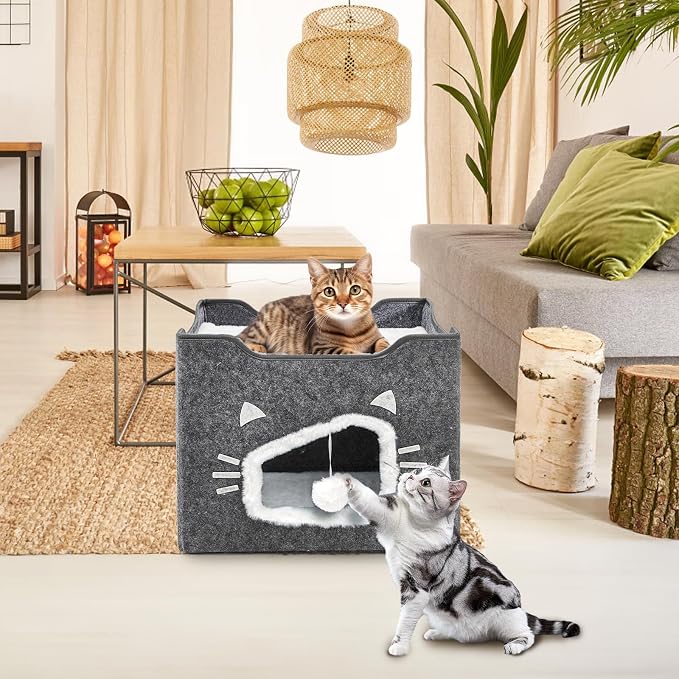 Cat House for Indoor Cats with Cushion Pad and Fluffy Ball | Large Foldable Covered Cat Bed, Cute Cat Cave Cat Condo Hideaway for Pet Cats, Multi Small Pet, Grey - Image 5