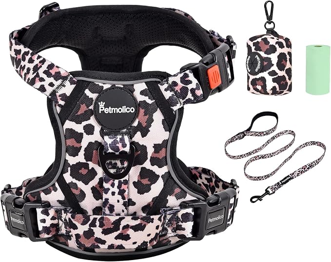 Petmolico No Pull Dog Harness, Leash & Poop Bag Holder, Small, Leopard | Reflective Vest, Easy Control Handle, Adjustable Fit, For Small Breeds & Puppies by Petmolico