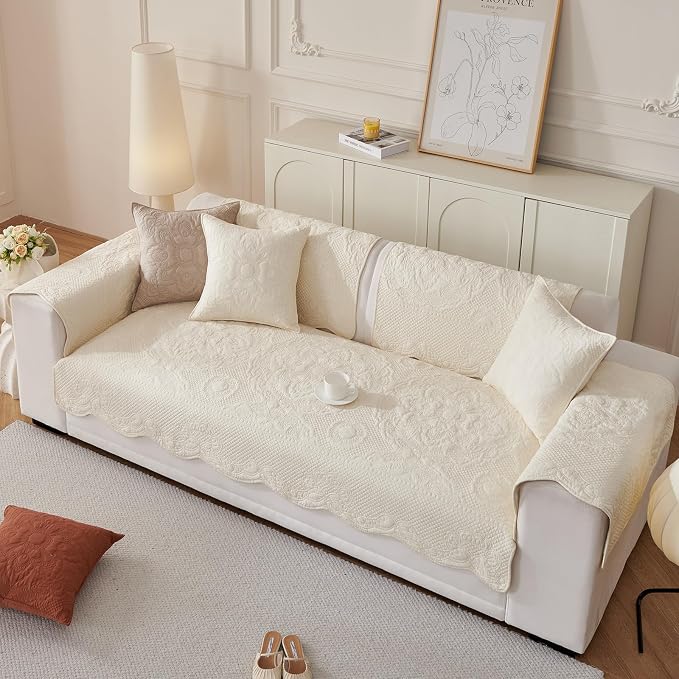 vctops Boho Cotton Quilted Couch Cover Soft Embroidered Sofa Cover Non-Slip Dog Bed Cover Scalloped Sofa Slipcover Washable Furniture Protector Cover (Cream,36"x82") - Image 4
