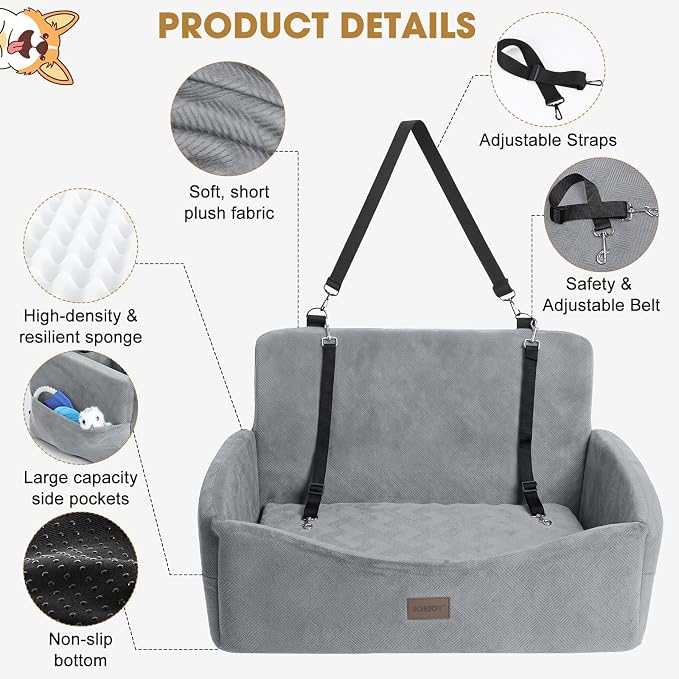 JOEJOY Dog Car Seat for Large Medium Sized Dogs Under 55 lbs, Dog Booster Seat for 2 Small Dogs with Detachable Washable Cover, Memory Foam Pet Car Seat with 2 Safety Belts and Storage Pockets - Image 4