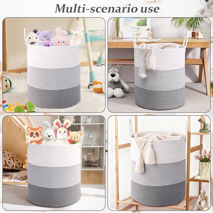 Laundry Hamper for Organizing, 52L Large Laundry Baskets, Cotton Rope Woven Blanket Basket, Collapsible Laundry Hamper for Living Room, Nursery, 15"×18", Gray - Image 4
