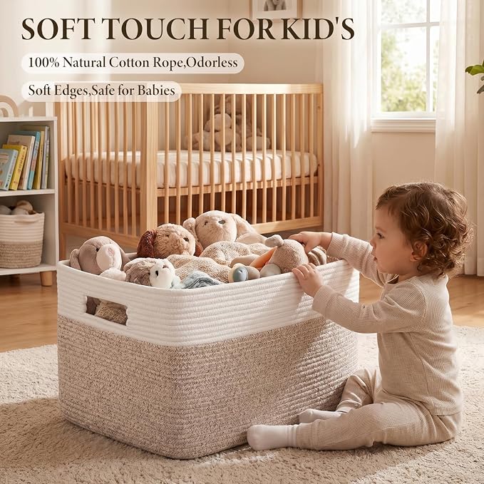 75L Large Cotton Rope Basket, Soft Toy Storage Bin for Nursery & Living Room, Decorative Blanket Basket for Bedroom, Baby-Safe Organizer for Pillows &Laundry, 22''×17''×12'', Brown and White - Image 5