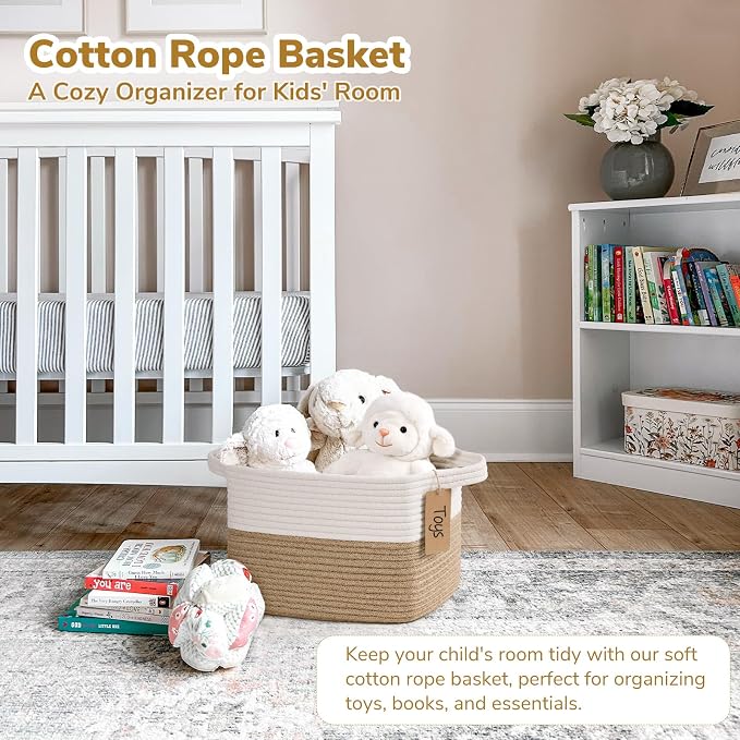 Goodpick Woven Rope Storage Basket for Shelves, Rectangle, Jute | 13" × 10" × 9" Stylish Gift Basket for Bedroom & Living Room Organization, Fits Toys & Pet Supplies Storage, Writable Label - Image 2