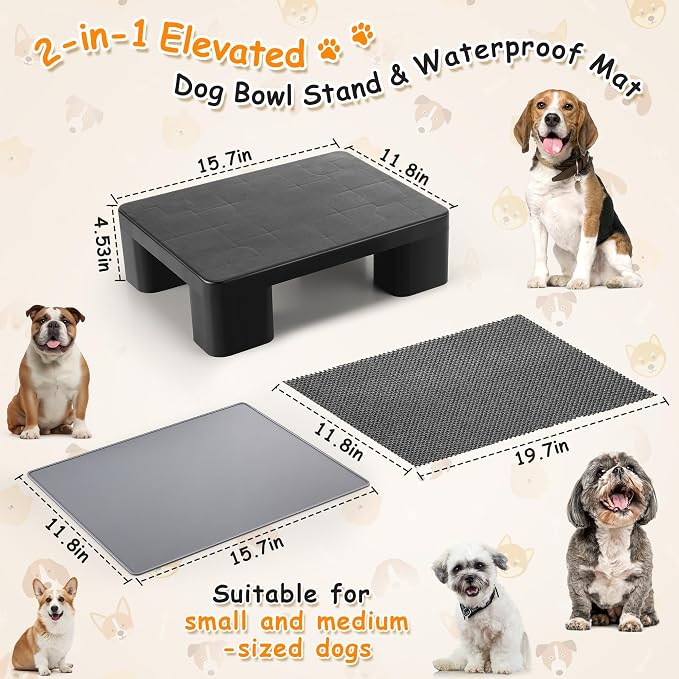 2 Pcs Elevated Dog Bowl Stand with Waterproof Dog Food Mat, Non-Slip, Black | Reduce Neck & Joint Strain, Easy to Clean Silicone Pet Feeding Mat, Sturdy Legs, Ideal for Small & Medium Dogs and Cats - Image 2