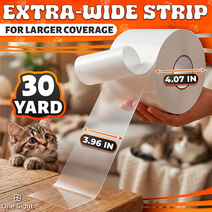 One Sight Single Sided Anti Scratch Cat Tape for Furniture, Clear PVC | Cat Scratch Furniture Protector for Couch, Carpet & Door Protection, Residue-Free, Easy Application, 4 In x 30 Yards - Image 2