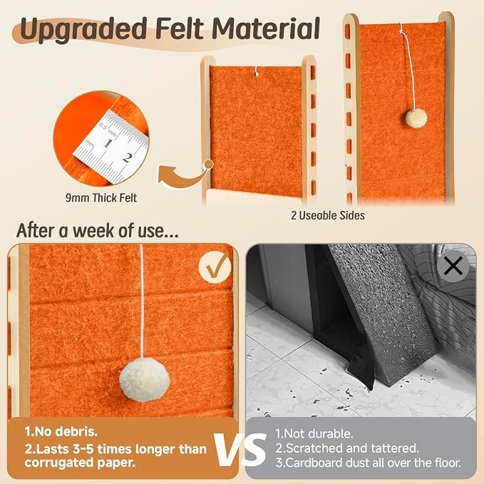 Felt Cat Scratcher for Indoor Cats,26.8 Inch,Orange | L Shaped Scratching Post, Scratch Board Scratchers for Large Cat Scratch Pad Furniture Protector with Bell Ball Kitten Toys - Image 2