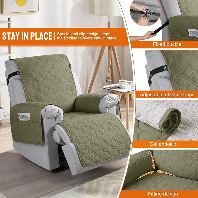 VANSOFY 100% Waterproof Recliner Chair Covers Washable, Olive Green, 22" | Non-Slip, Slipcover with Pocket, Furniture Protector, Elastic Straps, Chair Cover for Pets, Dogs - Image 3