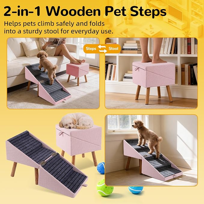 Dog ramp for Small Dogs, 2-in-1 Pet Steps & Ottoman | Foldable Dog ramp for Couch, Non-Slip Wooden Pet ramp for Puppy Senior Injured Dogs (Pink, XL(17.13H)) - Image 5