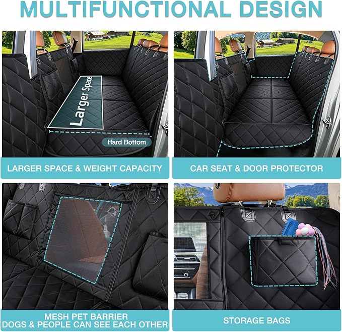 Waterproof Hard Bottom Car Seat Cover for Dogs with 2 Dog Seat Belts | Waterproof,Mesh Window,Zero Slide,Easy Removal & Storage,Heavy-Duty Oxford Fabric,Double-Stitched Seams - Image 6
