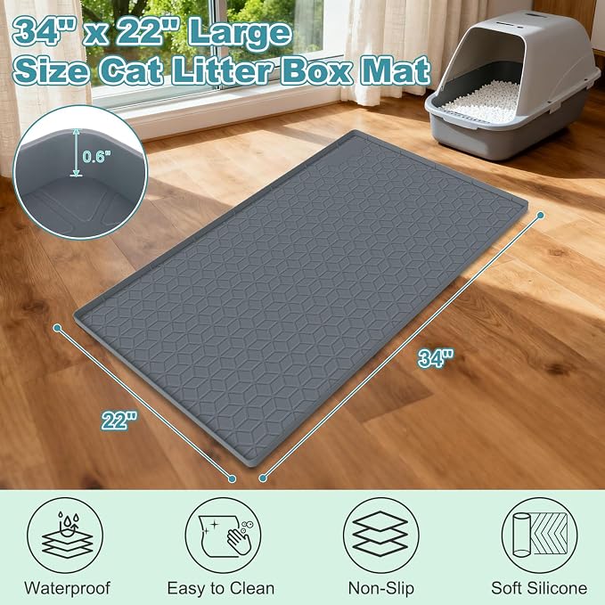Cat Litter Mat Litter Trapping Mat, Silicone Cat Litter Box Mats for Floor, Non-Slip Litterbox Mat with Raised Edge, Easy Clean Pet Feeding Mat for Indoor Cats 34" X 22" Gray - Image 2
