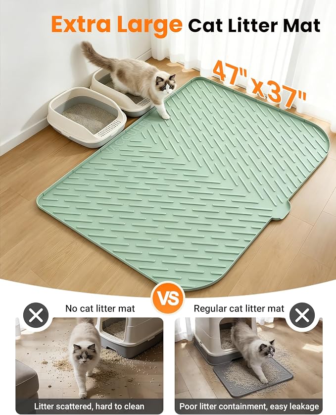 Cat Litter Mat, 47" x 37" Extra Large Cat Litter Box Mat, Silicone Waterproof Litter Trapping Mat for Scatter Control Soft on Kitty Paws Non-Slip Easy to Clean (Green) | Waterproof Litter Trapping Mat for Scatter Control, Soft on Cat Paws Non-Slip Easy... - Image 2