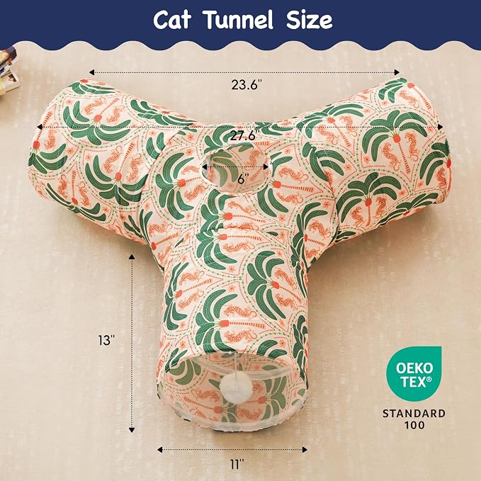 Tempcore Cat Tunnel for Indoor Cats, 3 Way Collapsible Pet Play Tunnel with Teaser Wand, Peek Holes & Hanging Ball, Interactive Tube for Kittens & Rabbits, Khaki Coconut Tree - Image 2