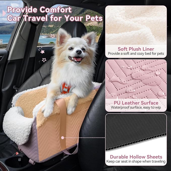 PETSFIT Cat Car Seat, Portable Console Dog Car Seat with Safe Protective Hooks, Luxury Pet Car Seat Includes Safety Leash and Storage Pocket for Pets Up to 9 lbs (Pink) - Image 6