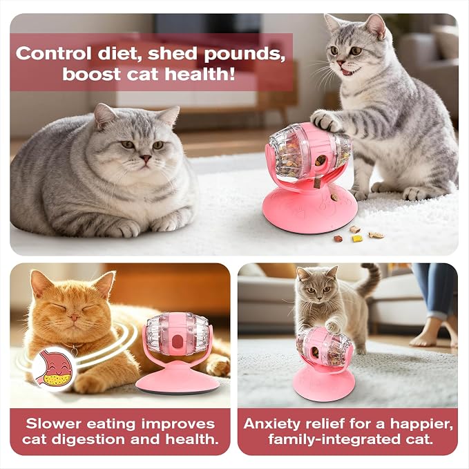 Cat Slow Feeder Toy, Adjustable Difficulty Puzzle Toy with Rotating Lid - Interactive Mental Stimulation Food Dispenser for Indoor Cats, Slows Down Eating for Dry Food & Treats (Pink) - Image 6