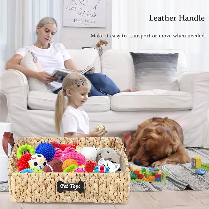 Trapezoid Pet Dog Toy Basket,Medium Dog Toy Bin,Wicker Storage Basket for Dog Cat Toys,Dog Storage Organizer for Leash Blanket Toys Snacks -Natural Farmhouse Water Hyacinth - Image 5