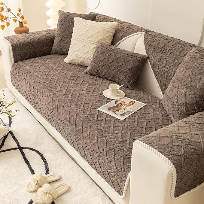 vctops Geometric Jacquard Plush Sofa Couch Covers Farmhouse Neutral Non Slip Sectional Couch Cover Soft Warm Sofa Slipcover for Dogs, Children, Pets Furniture Protector (Brown,28"x82") by vctops