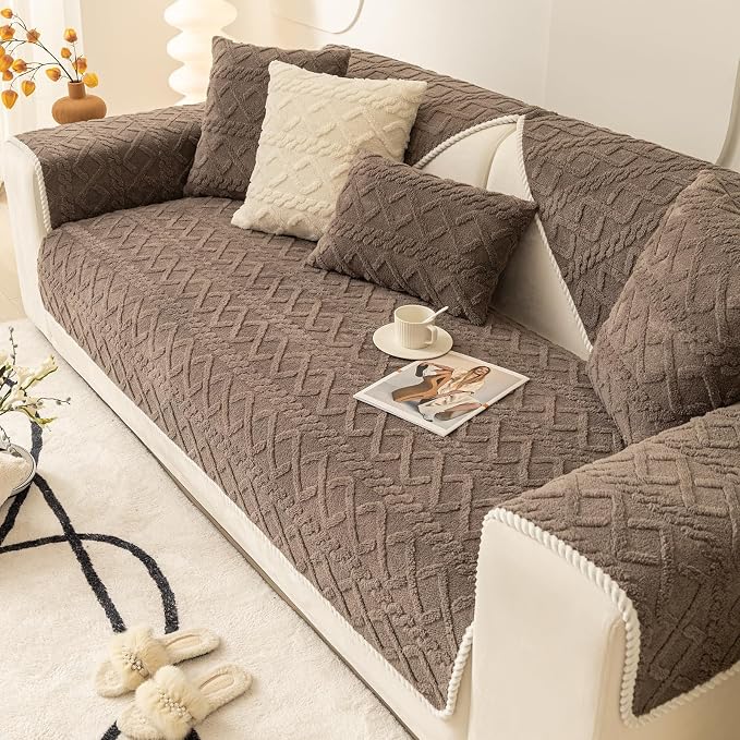 vctops Geometric Jacquard Plush Sofa Couch Covers Farmhouse Neutral Non Slip Sectional Couch Cover Soft Warm Sofa Slipcover for Dogs, Children, Pets Furniture Protector (Brown,43"x70") by vctops