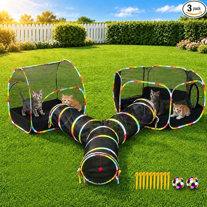 Outdoor Cat Enclosure, 3-in-1 Portable Pop Up Cat Mesh Tent with Tunnel for Cat Run, Easy Set Up and Foldable Catio Playground for Indoor Cats, Rabbits & Small Animals, Includes Storage Bag by Naielfopet