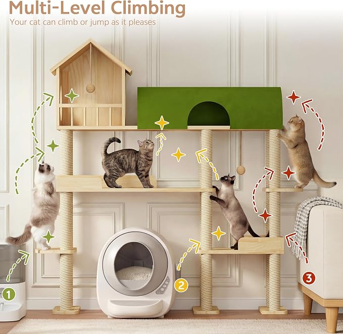 60'' Cat Tree for Automatic Litter Box, for Heavy Cats up to 22lbs | Solid Wood Large Cat Tower with Tunnel & House, Space-Saving for Indoor Multi-Pet Households, Stops Furniture Scratching - Image 7