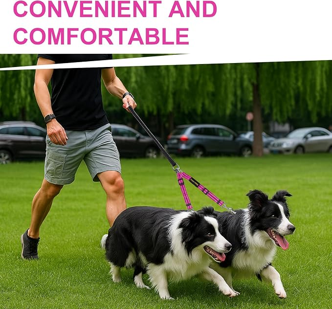 MingXpet Double Dog Leash for Two Dogs, No Pull Dog Leash, 360° Swivel No Tangle for Medium Dogs Walking & Training, Shock Absorbing Reflective Bungee, Rose - Image 7