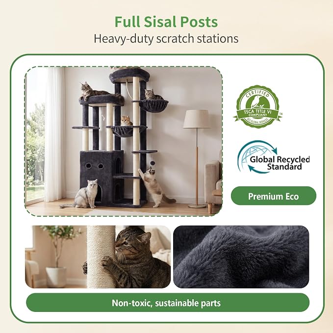 Heybly Cat Tree, 69.7 in Secure Anti-Tip Cat Tower for Large Cats HCT065G | Expansive Cat Furniture with Dual-Tier Cat Condo Villa, 2 Top Perches, Hammock & Full Sisal Scratching Posts, Smoky Gray - Image 5