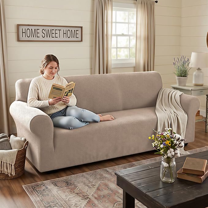 XINEAGE Stretch Jacquard Loveseat Cover, Non Slip Sofa Slipcover for Dog | High-Stretch Fabric. Wear-Resistant, Pet Friendly. Easy Install & Washable for Living Rooms, Offices.Khaki - Image 3