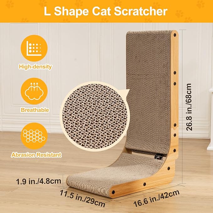 Poils bebe L Shape Cat Scratcher, 26.8 Inch Cat Scratchers for Indoor Cats | Protecting Furniture Cat Scratch Pad, Cardboard Cat Scratching with Ball Toy, Catnip, Large - Image 4