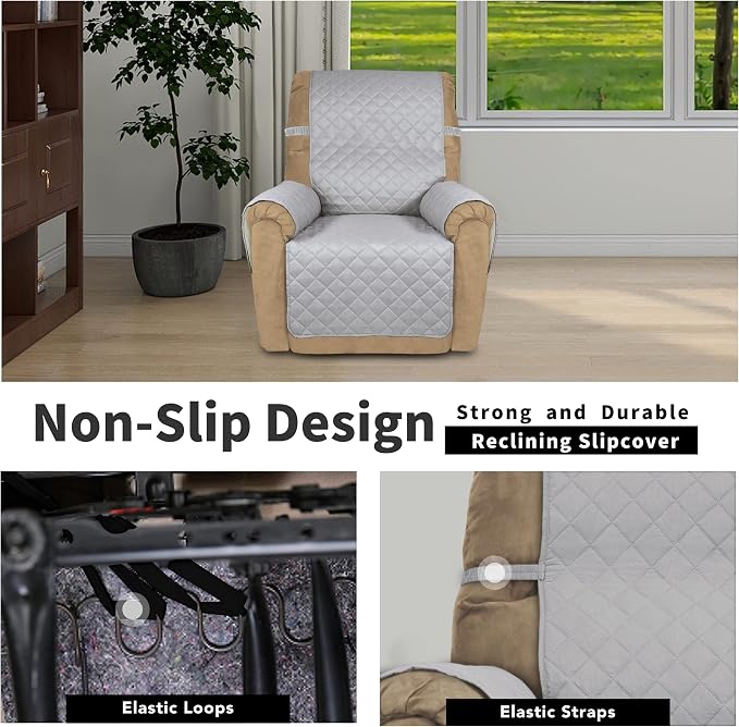 Easy-Going Recliner Chair Slipcover Reversible Sofa Cover Water Resistant Couch Cover Furniture Protector with Elastic Straps for Pets Dog (Recliner 22 inch, Light Gray/Ivory) | Machine Washable Slipcover For Dogs, Water Resistant Furniture Mat For Liv... - Image 3
