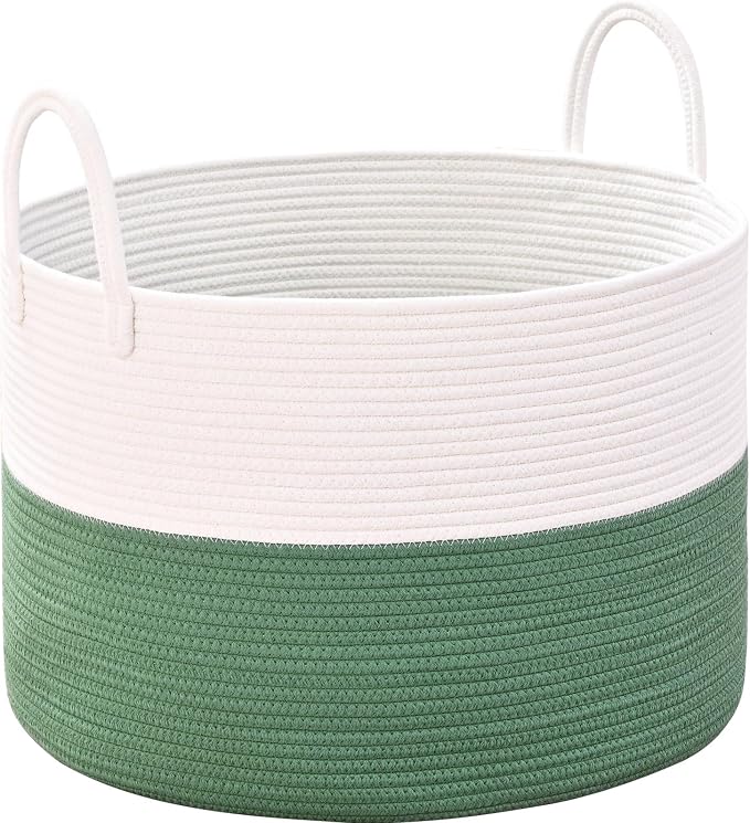 67L Large Woven Blanket Basket, Cotton Rope Baby Laundry Hamper with Handles, Kids Toy Basket for Classroom & Nursery, Soft Round Stuffed Animal Storage, Dog Toy Bin - 20"x13", Green by Degeyoyo