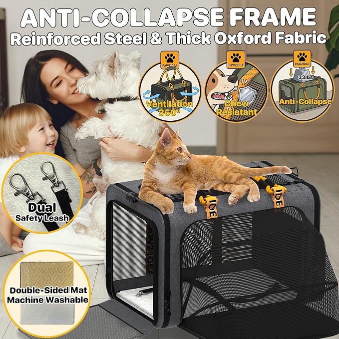 PAWZIDEA Expandable Large Pet Carrier, Soft-Sided 2–4 Cats Carrier Up 55lbs | 24"×16"×16" Collapsible Small to Medium Dog Carrier Travle Bag, Portable Dog Crate for Car Travel, Breathable, Storage Pocket - Image 8