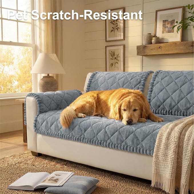 Smiry Non Slip Couch Cover for Dogs, Fuzzy Plush Pet Sofa Protector | Washable Furniture Cover for Large Dogs & Cats, Scratch & Dirt Resistant, Covers Backrest & Armrest, Grey, 20"x24", 2PC - Image 2