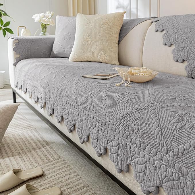 Cotton Quilted Dog Couch Cover for Sofa Farmhouse Rustic Embroidery Sectional Couch Cover Soft Anti-Slip Sofa Slipcover Furniture Protector for Kids, Pets (Grey,36"x63") by WelcometoXSlive