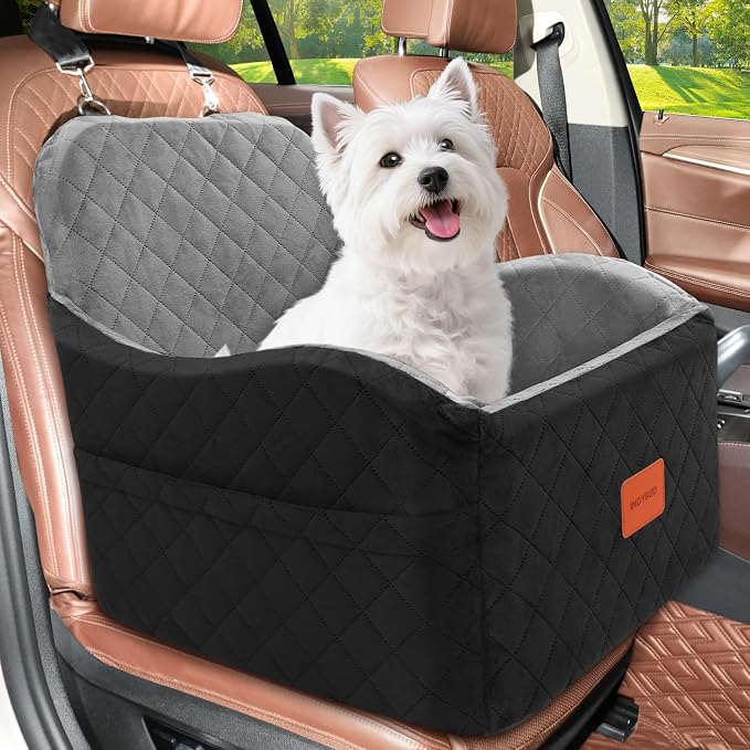 Dog Car Seat for Small & Medium Dogs, Detachable & Washable Booster Seat for Pets Up to 35lbs, Pet Travel Bed with Storage Pockets and Safety Belt (Black/Grey, Medium) by INDYBUD