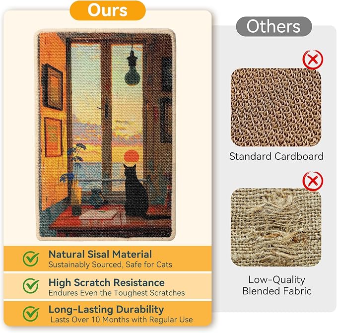 3-in-1 Sisal Cat Scratcher Mat 23.6x15.7 – Durable Scratch Rug for Floor & Wall with Sticker Tape, Protects Couch, Carpet & Furniture, Anti-Slip, Pet-Safe for Indoor/Outdoor Cats, Golden Afterglow - Image 4