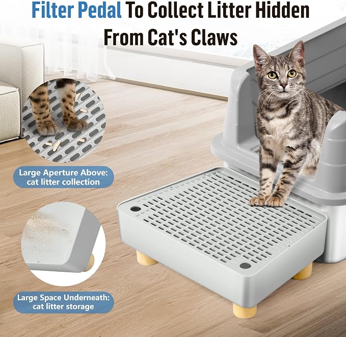 Extra Large Cat Litter Box Step Ramp, Cat's Litter Catcher Mat with Wooden Feet, Filter Function, Pedal Stool for Self-Cleaning Cat Litter Box, Ideal for Kitten & Elderly Cats (Light Grey) - Image 3