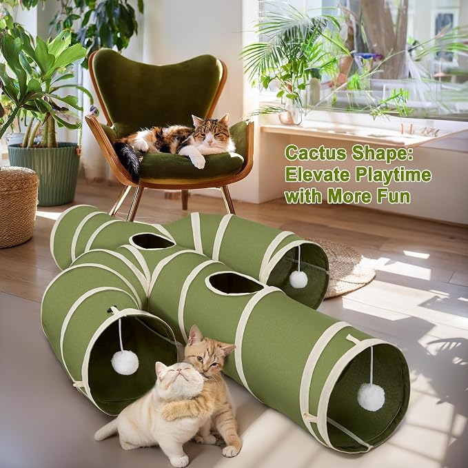 Ownpets Cactus Cat Tunnel 12" with Peek Holes for Indoor Large Cat, Green | Durable Oxford fabric, noise-free, foldable & connectable, multi-cat friendly, tube for cats up to 20lb, includes ball & wand - Image 4