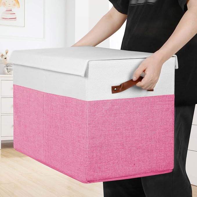 Large Toy Storage Box with Lid, Toy Chest Bin Boxes Basket with Dividers | Sturdy Toy Organizer Bin for Kids, Boys, Girls, Nursery, Living Room, Bedroom, Playroom 25"x13" x16" (Pink and White) - Image 5