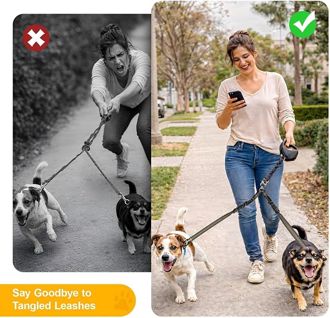 Double Dog Leash for Two Dogs, Professional No Tangle 360° Swivel Coupler with Shock Absorbing Bungee, Adjustable Length Dual-Sided Reflective Two Dogs Lead Splitter for Small Medium Large Dog - Image 4