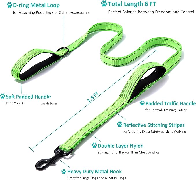 Heavy Duty Dog Leash - 2 Handles by Padded Traffic Handle for Extra Control, 6foot Long - Perfect for Medium to Large Dogs (6 ft, Bright Green) - Image 2